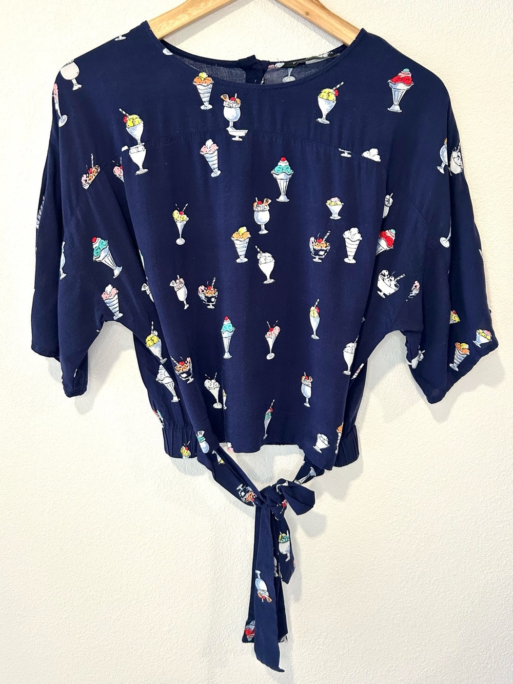 ZARA Ice Cream Social Navy Graphic Print Summer Tie Waist Top Cute Twee Y2K XS